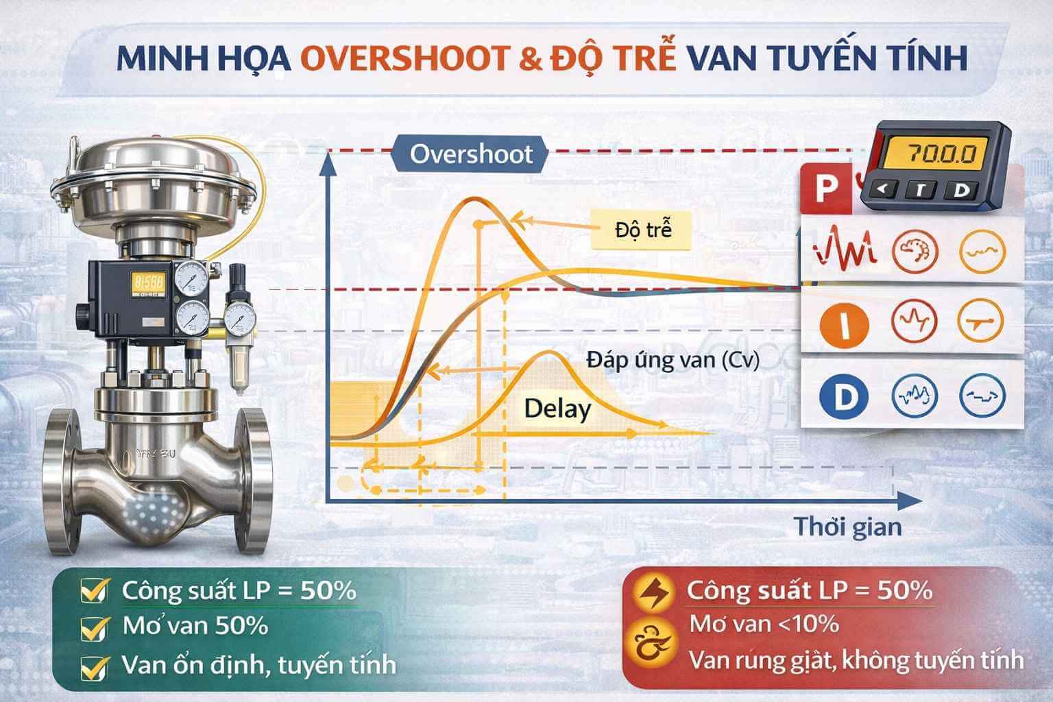 Minh họa hiện tượng overshoot và độ trễ của van tuyến tính khi điều khiển