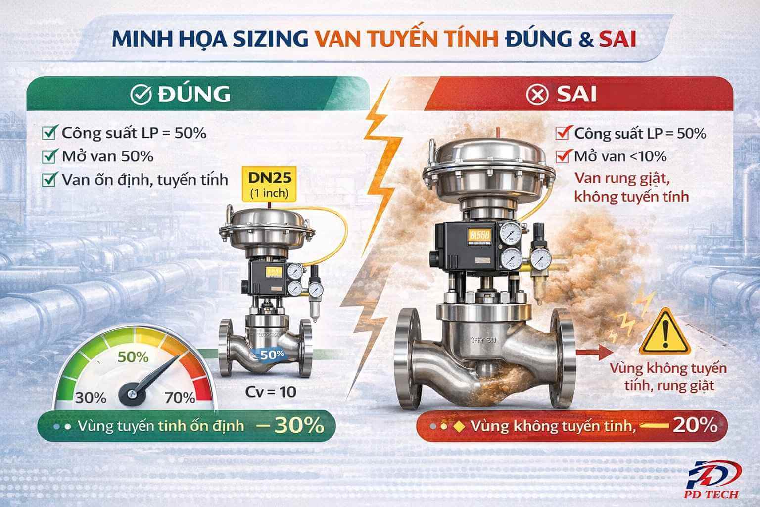 Minh họa sizing van tuyến tính đúng và sai ảnh hưởng đến hiệu suất điều khiển